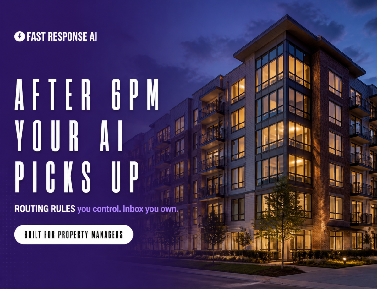 Modern apartment building at dusk with property management AI overlay. Fast Response AI after-hours coverage.