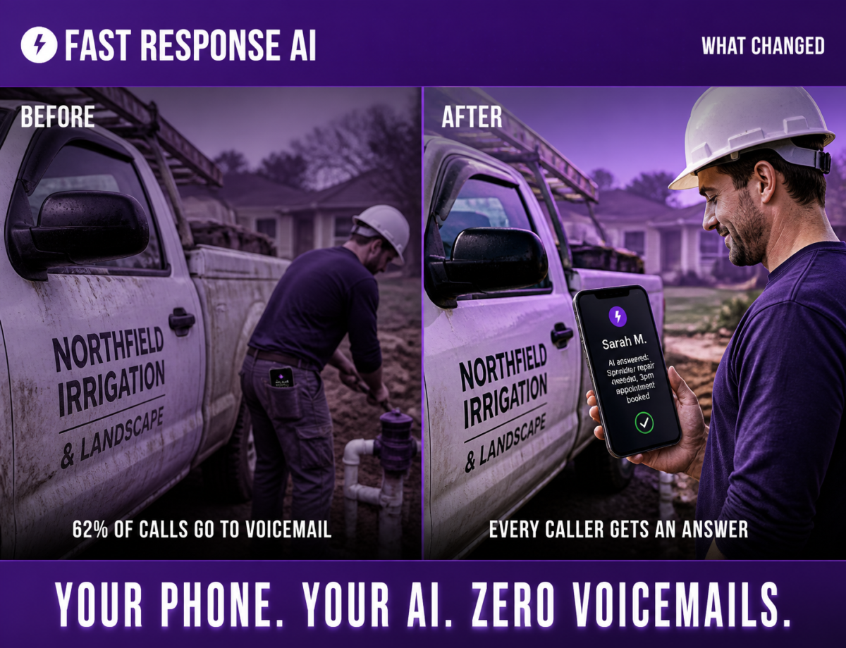 Split panel showing a contractor missing a call vs AI answering the call with transcript on phone screen -- Fast Response AI never-miss-a-call platform