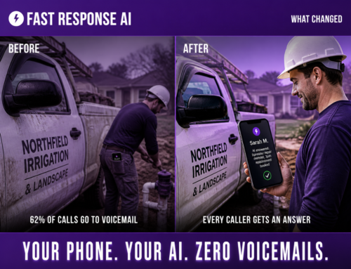 Split panel showing a contractor missing a call vs AI answering the call with transcript on phone screen -- Fast Response AI never-miss-a-call platform