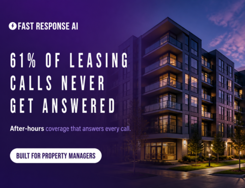 Apartment building at dusk with a 7:42pm missed leasing call notification, Fast Response AI never-miss-a-lease messaging.
